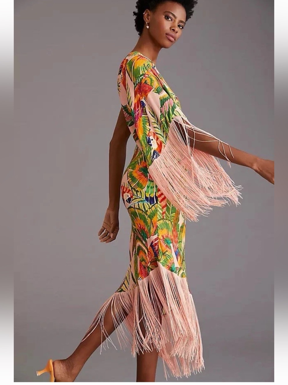 FARM Rio Macaw Leaves One Shoulder Fringe Midi Dress XL Parrot Tropical Rare - Picture 2 of 15